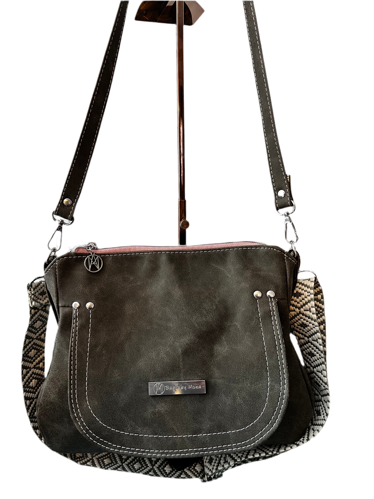 Brightstone purse Dark Olive stone wash  complete set: thread is ballerina pink