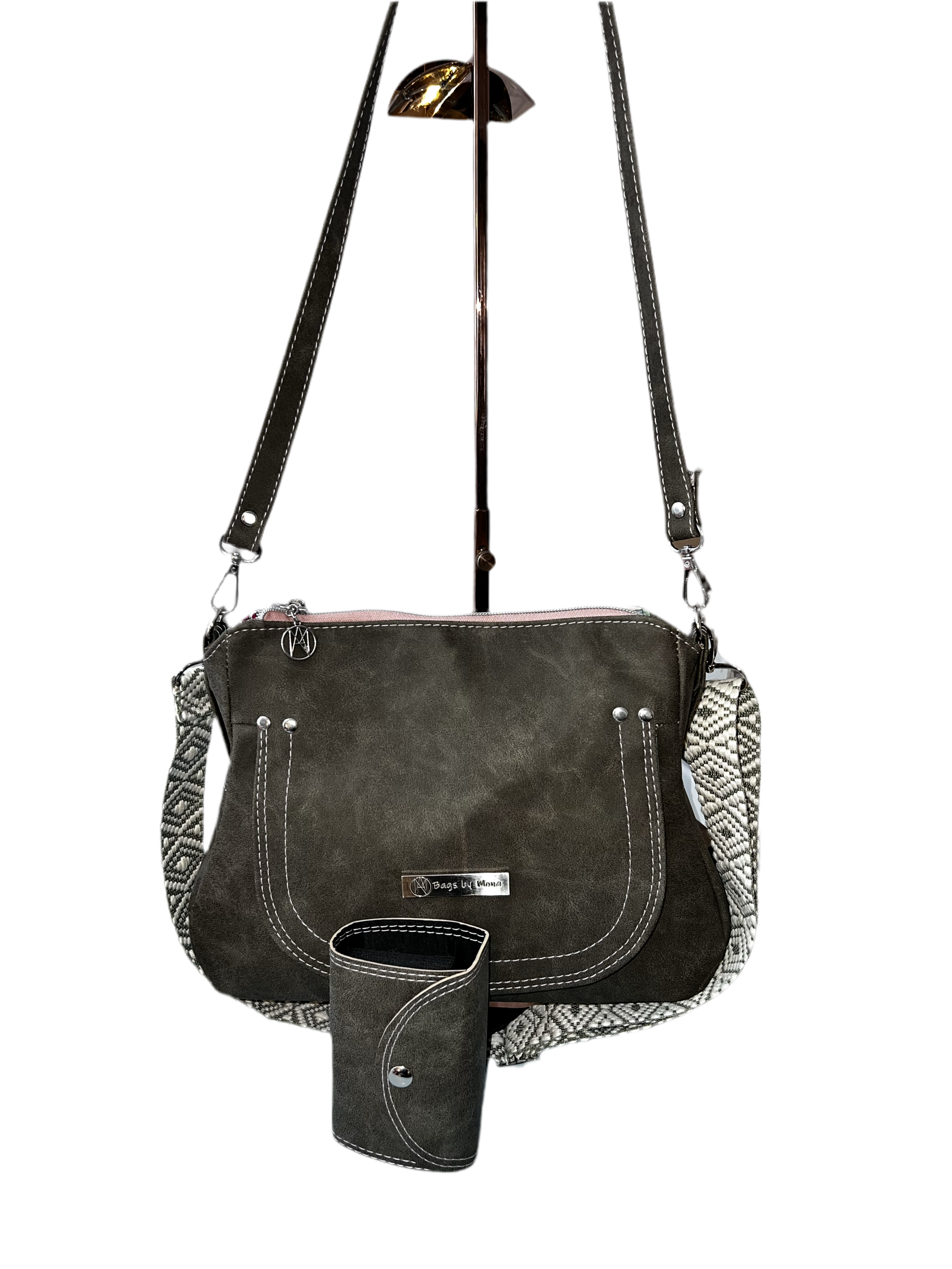 Brightstone purse Dark Olive stone wash  complete set: thread is ballerina pink