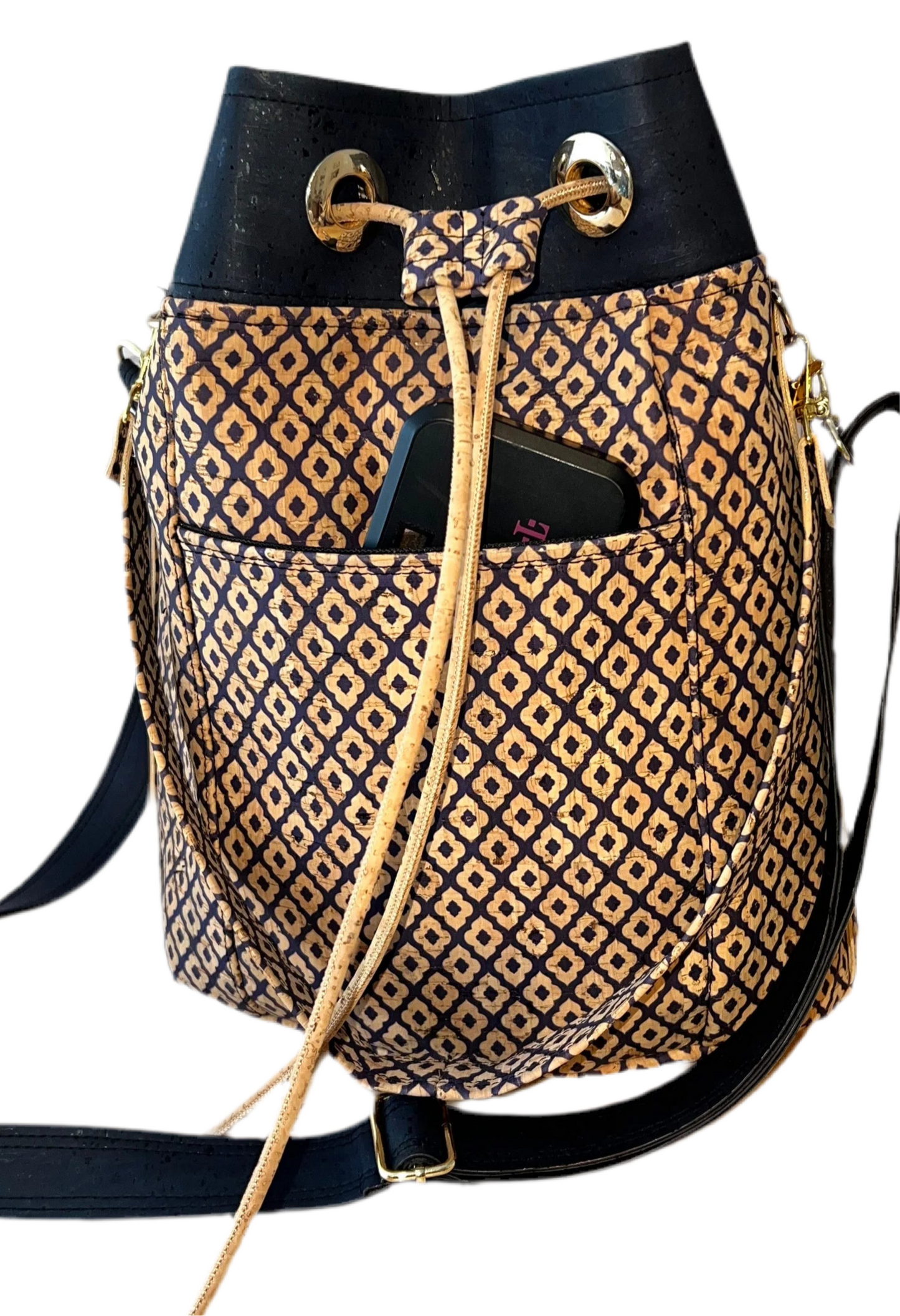 Cork Bucket Bag/ Crossbody Navy Diamond