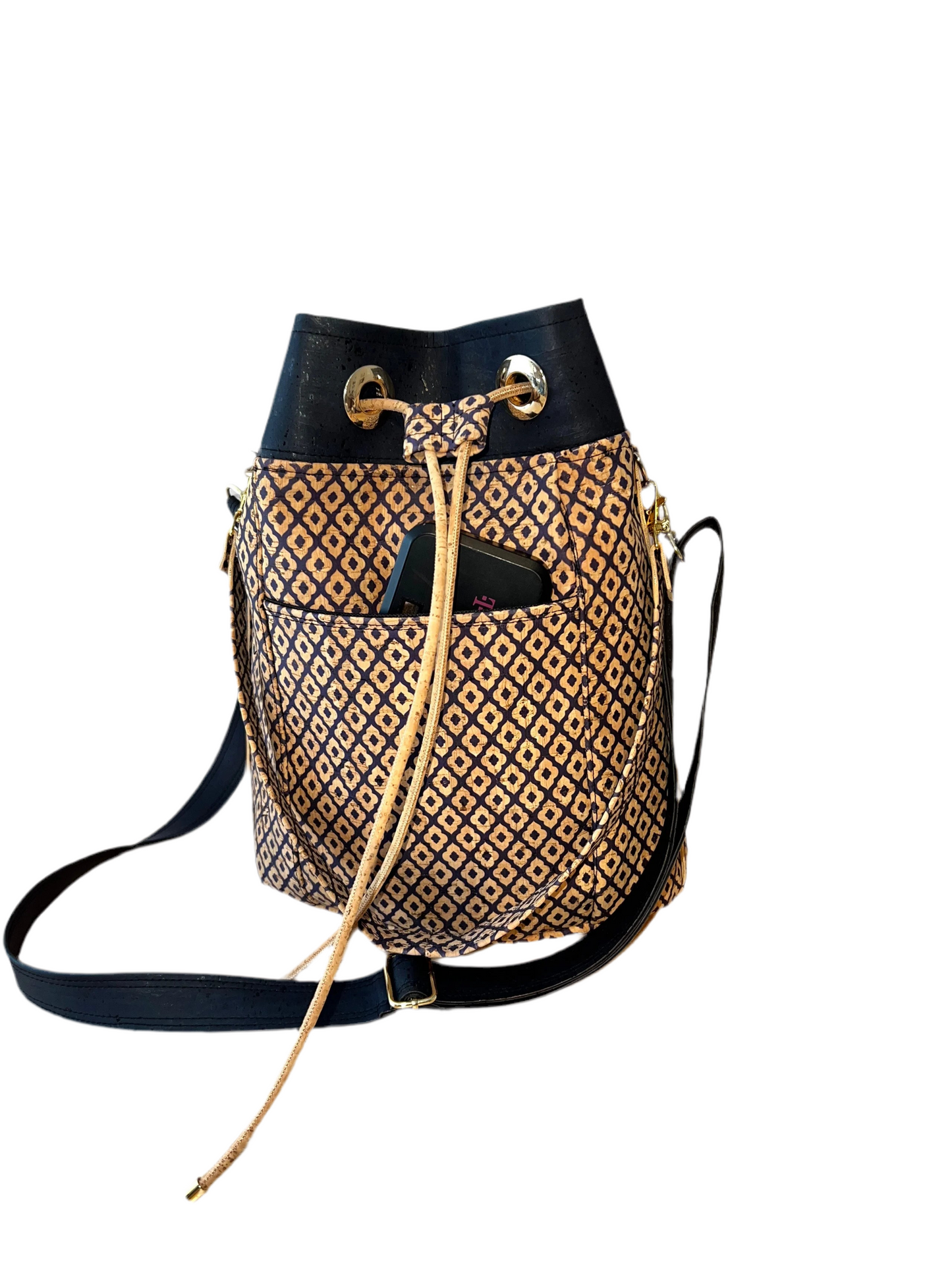 Cork Bucket Bag/ Crossbody Navy Diamond