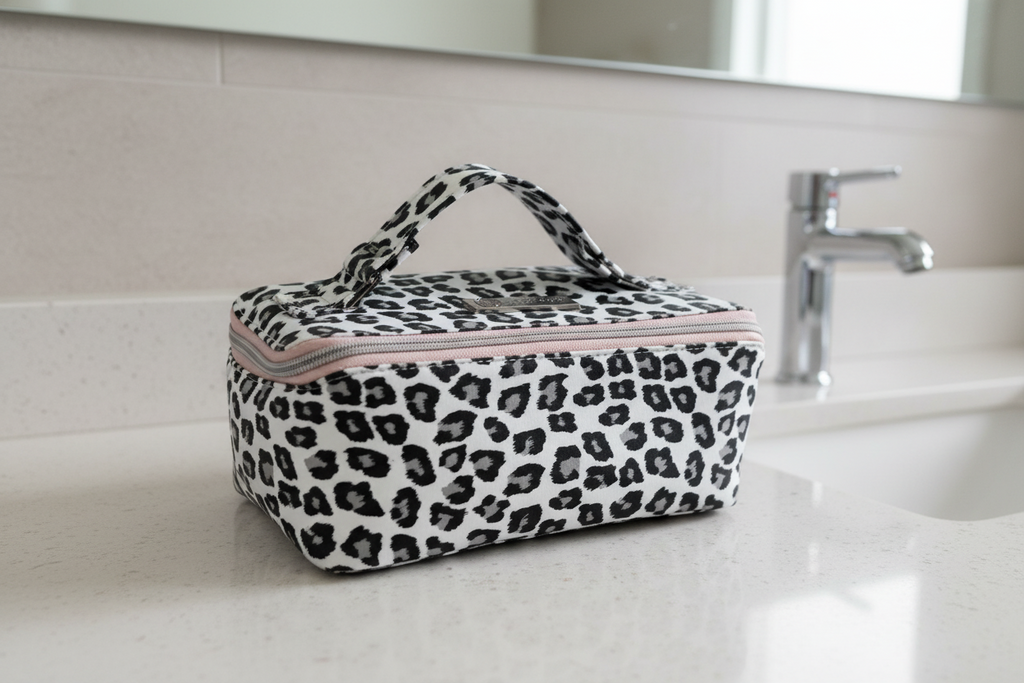 Cosmetic case Snow leopard and pink CUSTOM ORDER
