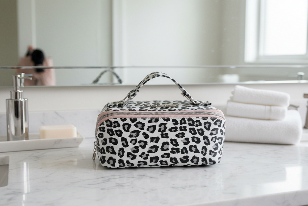Cosmetic case Snow leopard and pink CUSTOM ORDER