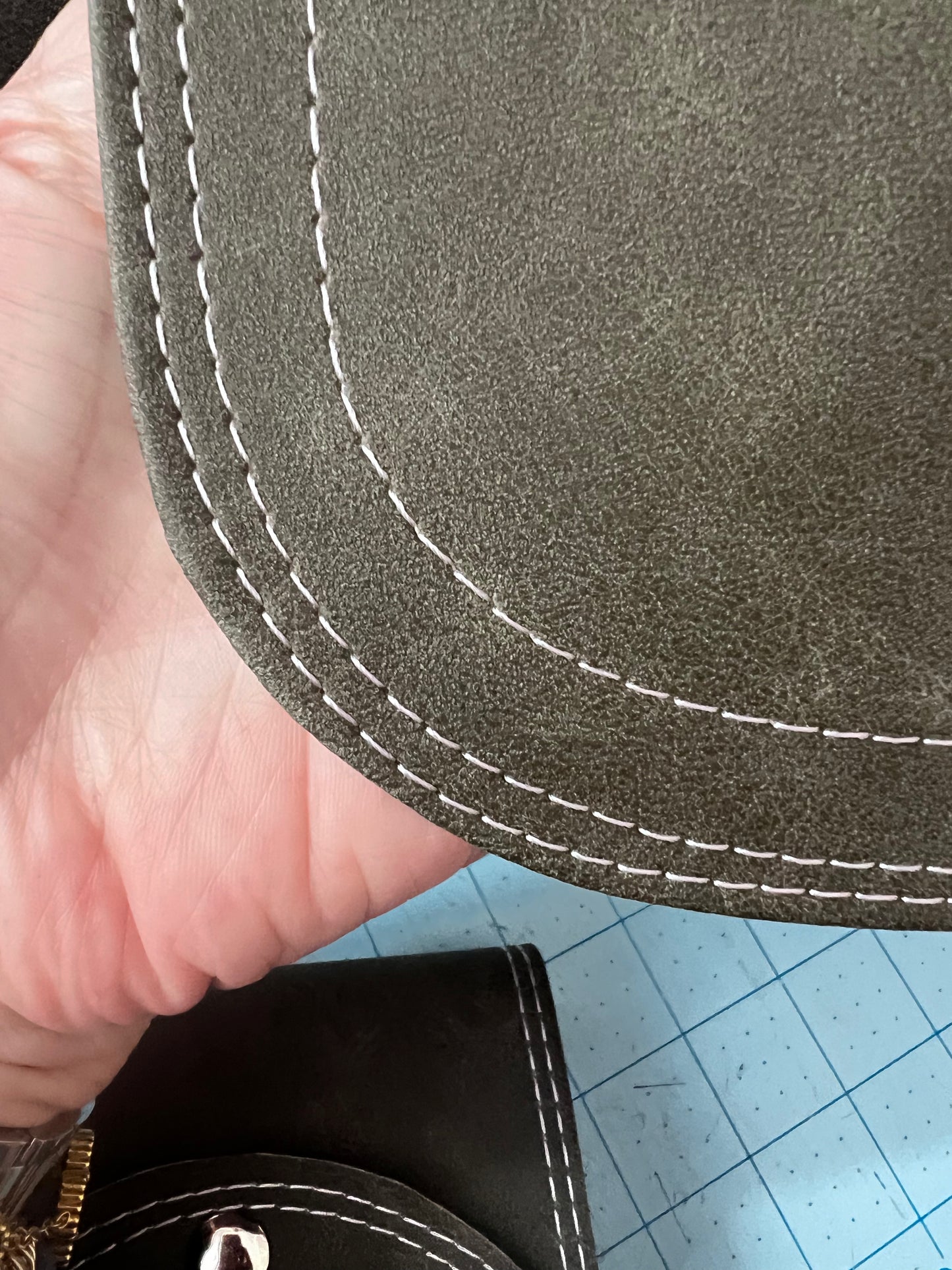 Brightstone purse Dark Olive stone wash  complete set: thread is ballerina pink